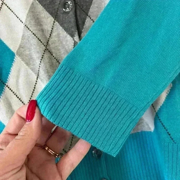 NWT New York & Company Teal Argyle Lightweight Button Down Sweater - Picture 6 of 9